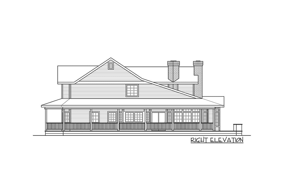 Right elevation house plan exterior showing two stories, a wide wrap-around porch, and two chimneys.