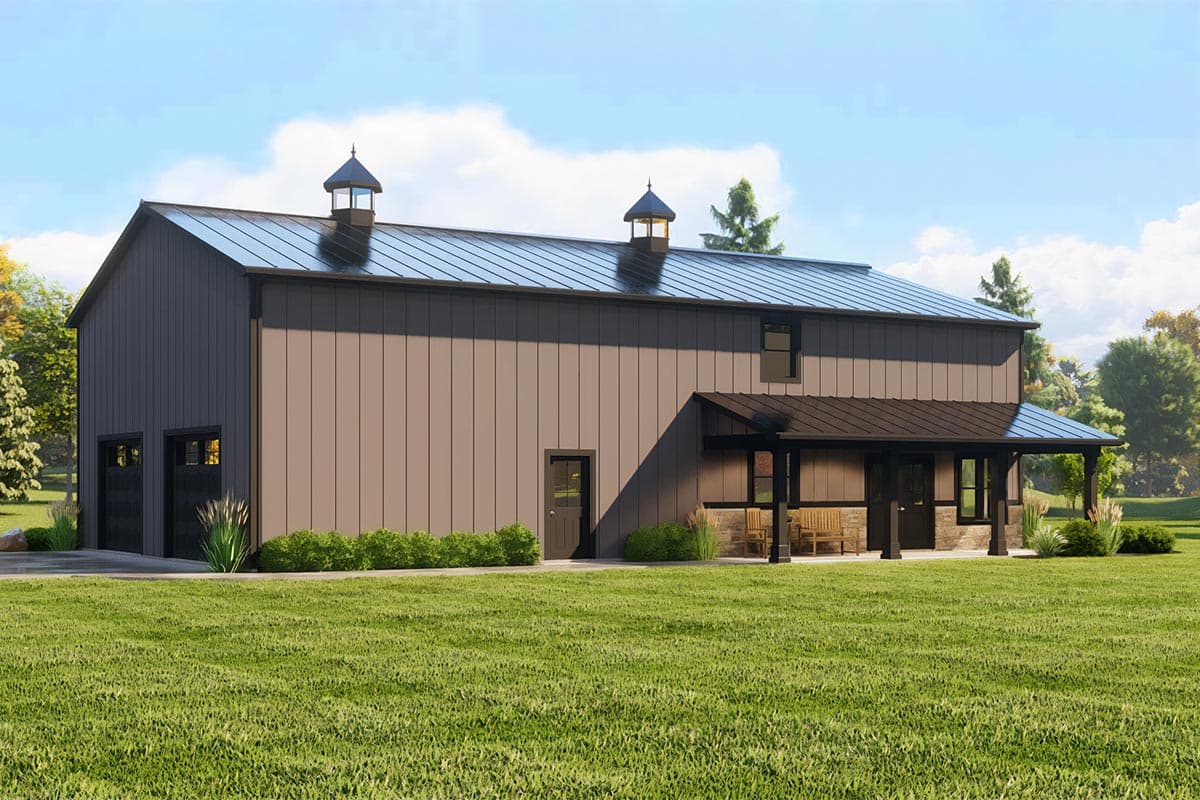 House plan exterior. Two-story with metal roof, two cupolas, and a covered porch. Features include a two-car garage and vertical siding.