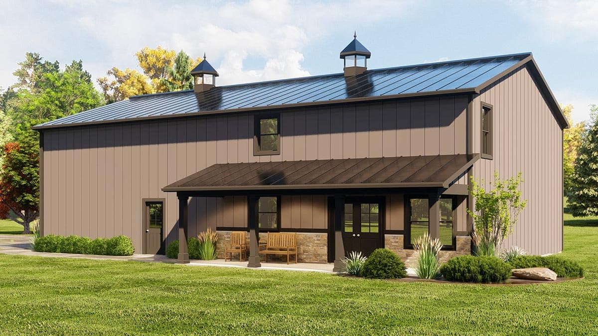 House plan exterior: Two-story barn-style home with a covered porch, metal roof, and two cupolas.