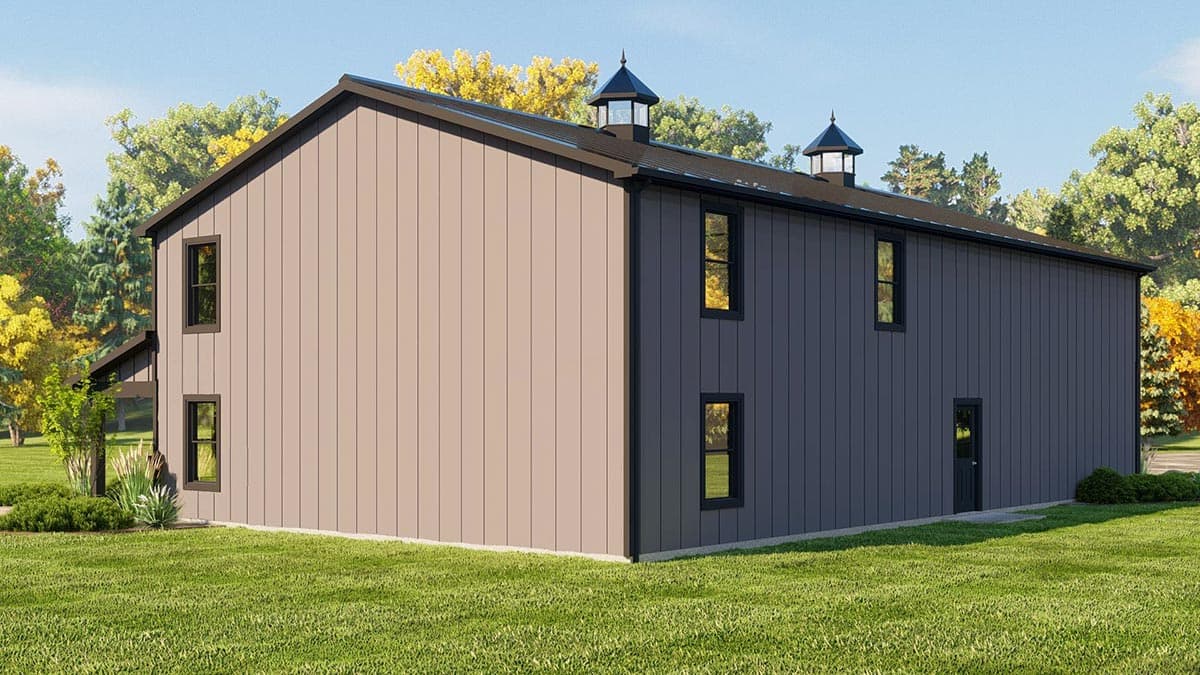 Barn-style house plan exterior with vertical siding, dark trim, cupolas, and multiple windows.