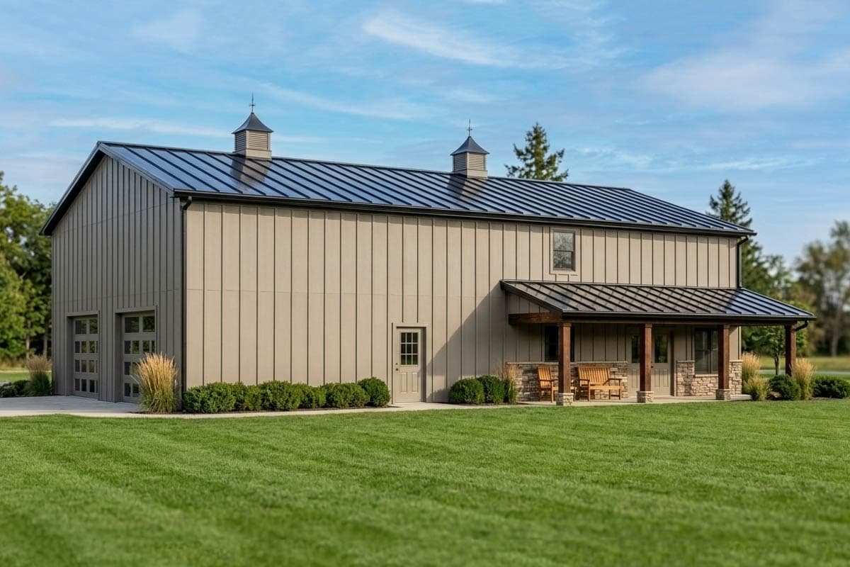 House plan exterior. Two-story with metal roof, two cupolas, and a covered porch. Features include a two-car garage and vertical siding.
