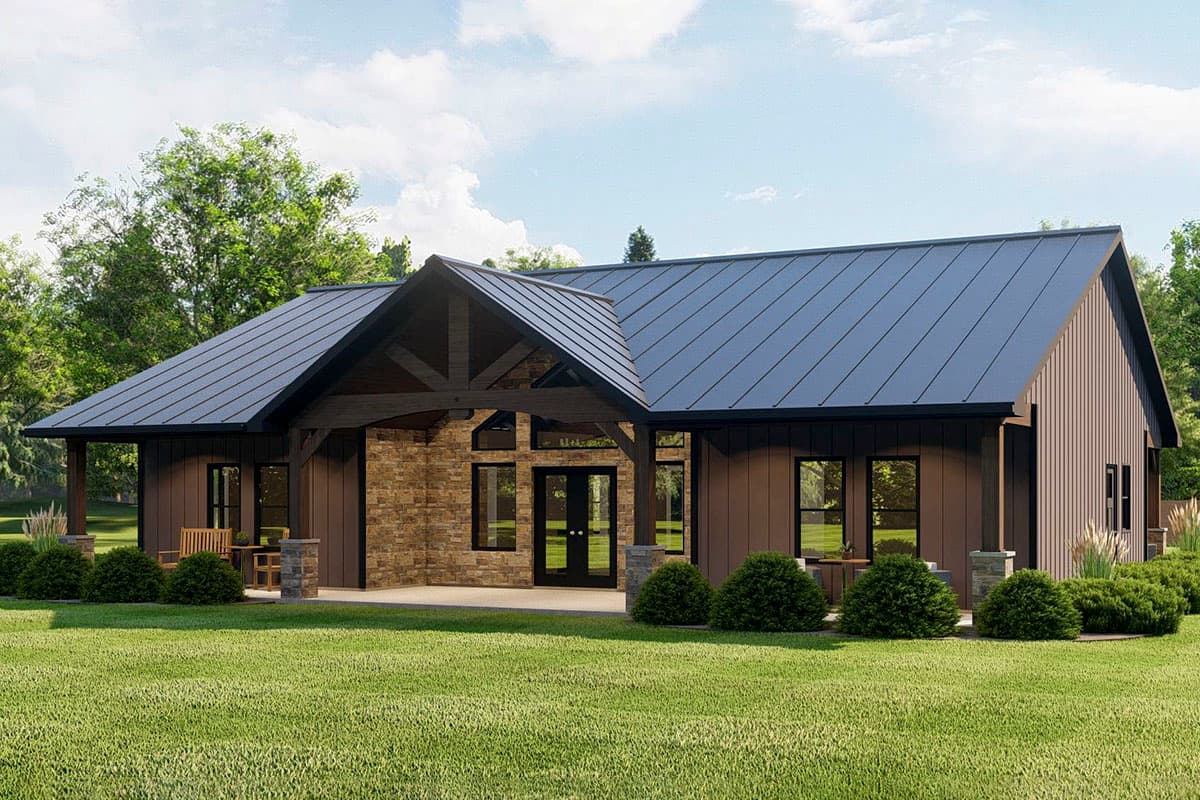 House plan exterior: Modern style, single-story home with stone accents, gabled entryway, and dark metal roof.