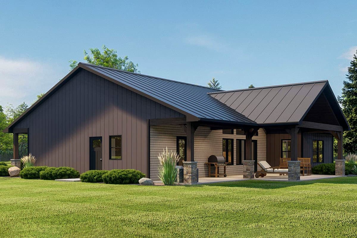 Modern Farmhouse house plan exterior, one story, metal roof, wide front porch with exposed beams, and board-and-batten siding.