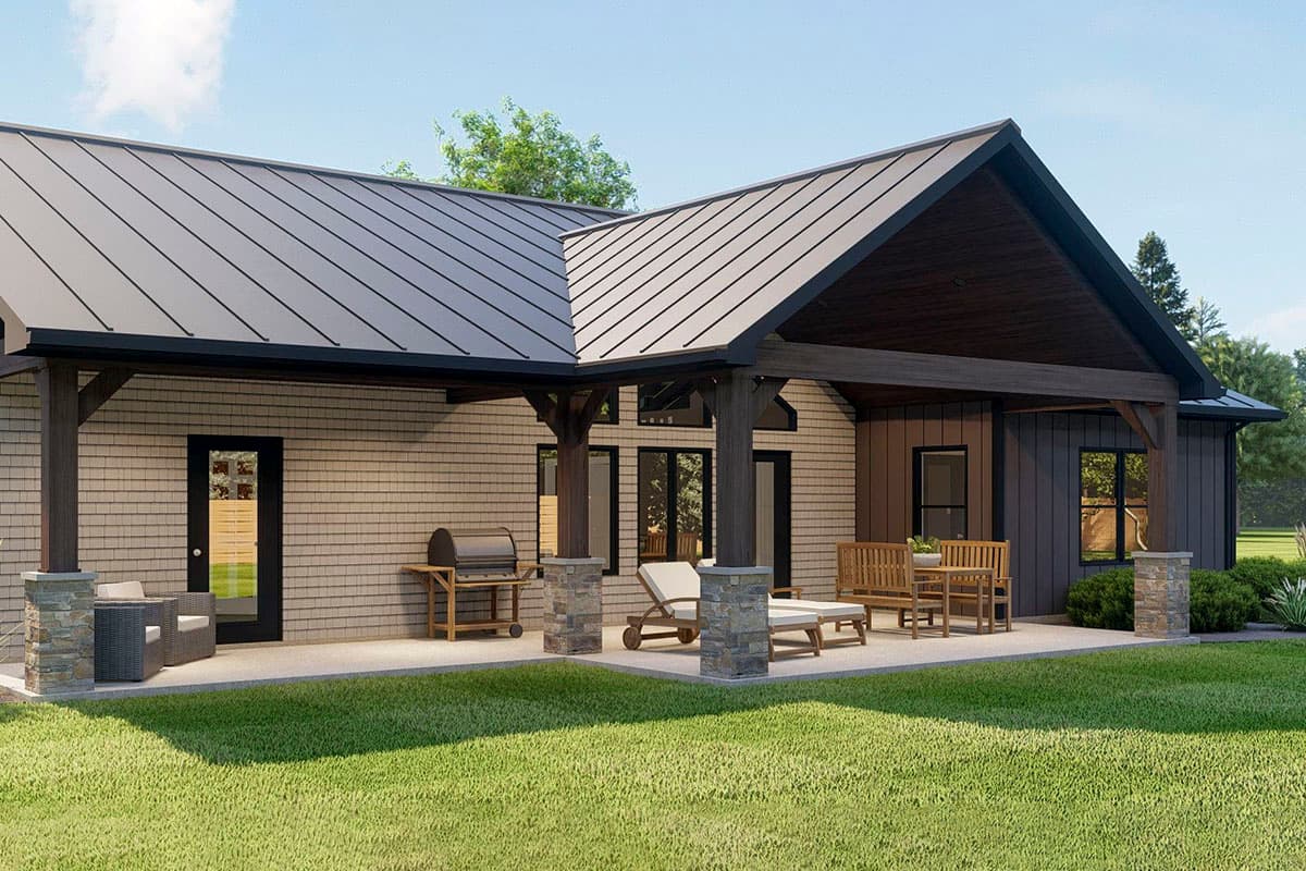 Plan 135223GRA: One-Story Rustic Craftsman House Plan Under 1700 Square Feet with Vaulted Great Room - Image #6 - Barndominium, Country, Craftsman, Mountain, Ranch, Rustic