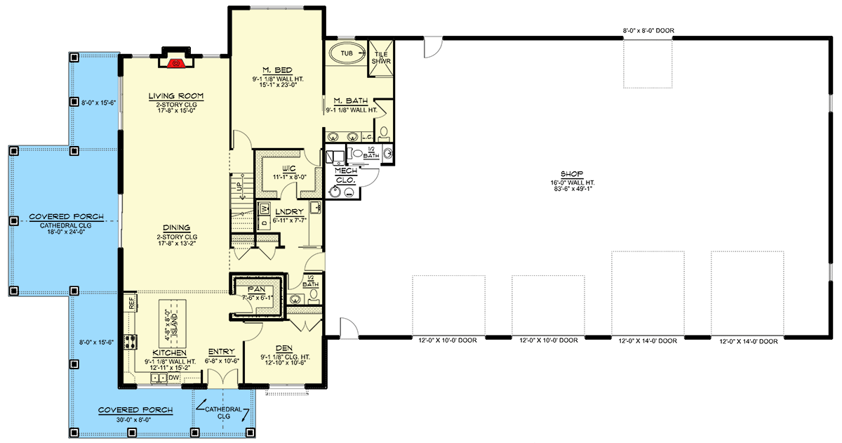 Plan 135224GRA: 4-Bed Barndominium House Plan with Massive 4000 Square Foot Shop - Floor Plan - Main Level - Barndominium, Country, Rustic, Traditional