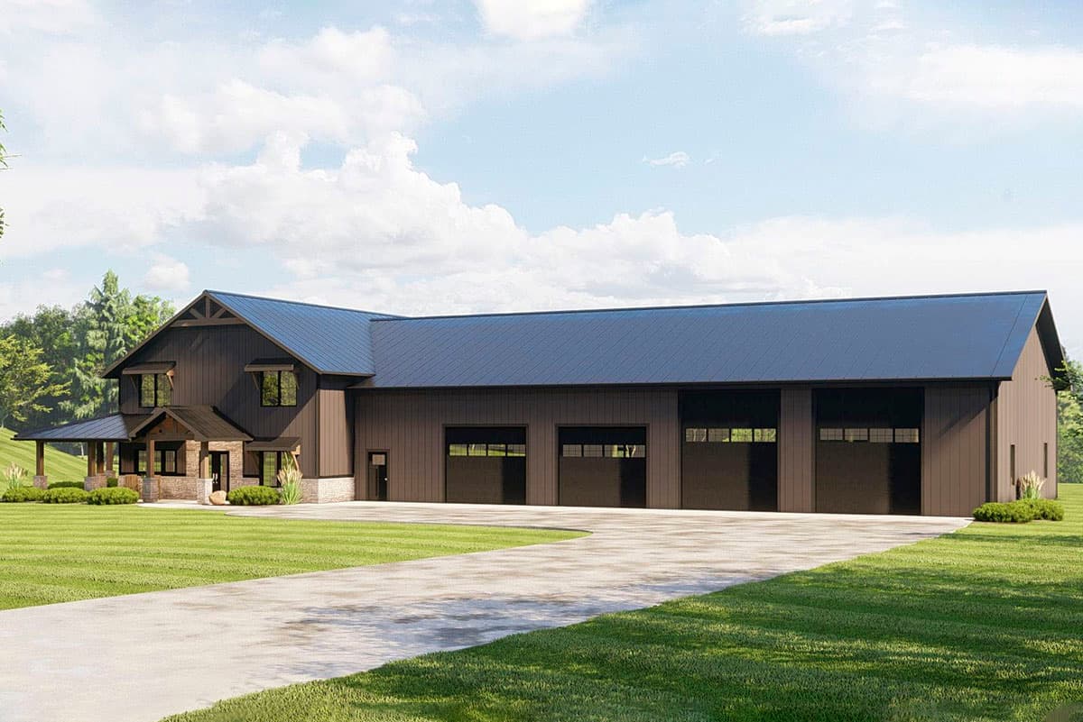 House plan exterior: modern style with large metal roof, gabled dormers, covered porch, and six garage bays.