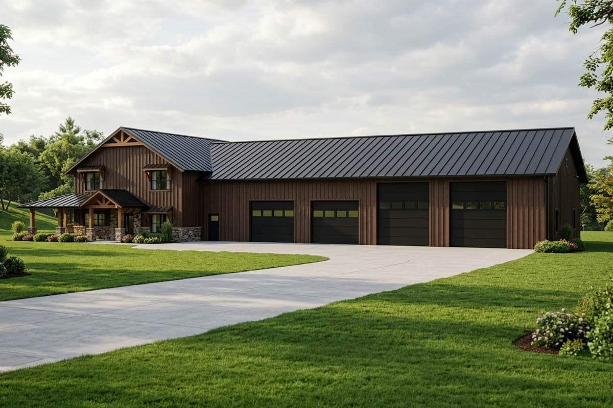 House plan exterior: modern style with large metal roof, gabled dormers, covered porch, and six garage bays.