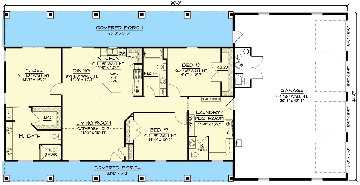 Plan 135225GRA: 1800 Square Foot 3 Bed Barndominium with Oversized 4-Car Side-Entry Garage - Floor Plan - Main Level - Country, Ranch, Rustic, Traditional