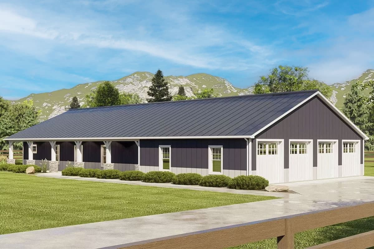 House plan exterior. One-story structure with a metal roof. Features include a covered porch, multiple garage bays, and gabled rooflines.