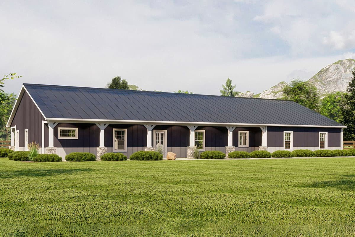 House plan exterior: Single-story dwelling with a dark metal roof, covered porch supported by stone-base columns, and lap siding.