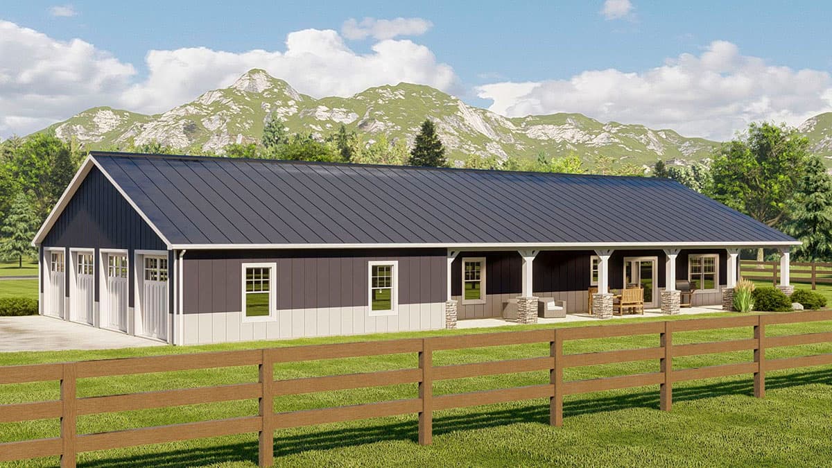 House plan exterior of a one-story home with a metal roof, three-car garage, and a covered porch supported by stone-clad columns.