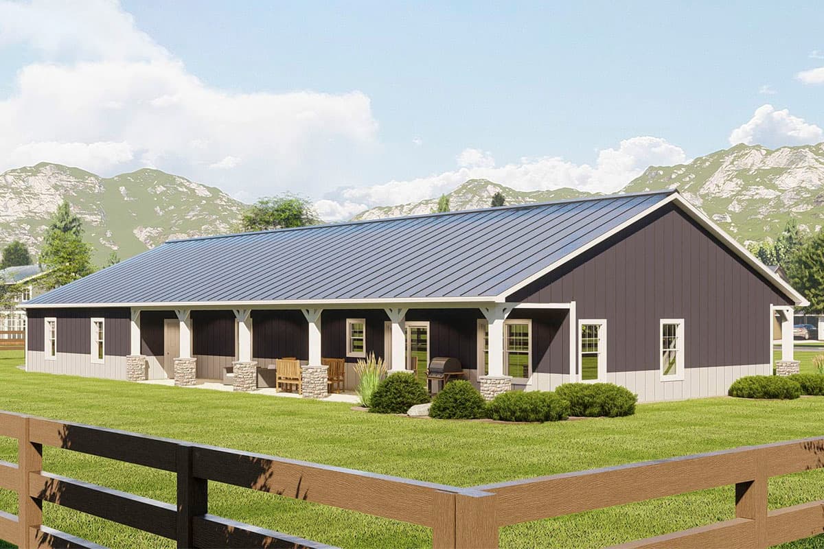 Plan 135225GRA: 1800 Square Foot 3 Bed Barndominium with Oversized 4-Car Side-Entry Garage - Image #4 - Country, Ranch, Rustic, Traditional