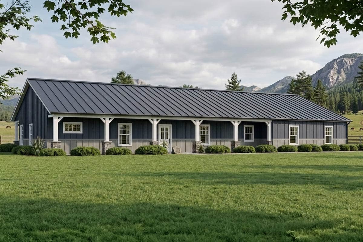 House plan exterior: Single-story dwelling with a dark metal roof, covered porch supported by stone-base columns, and lap siding.