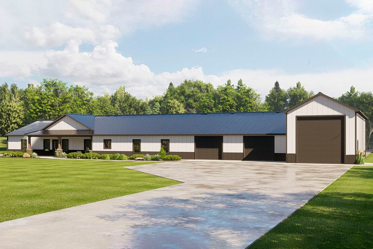 House plan exterior: Ranch style, single story, with a covered front porch, multiple garage doors, and a dark metal roof.