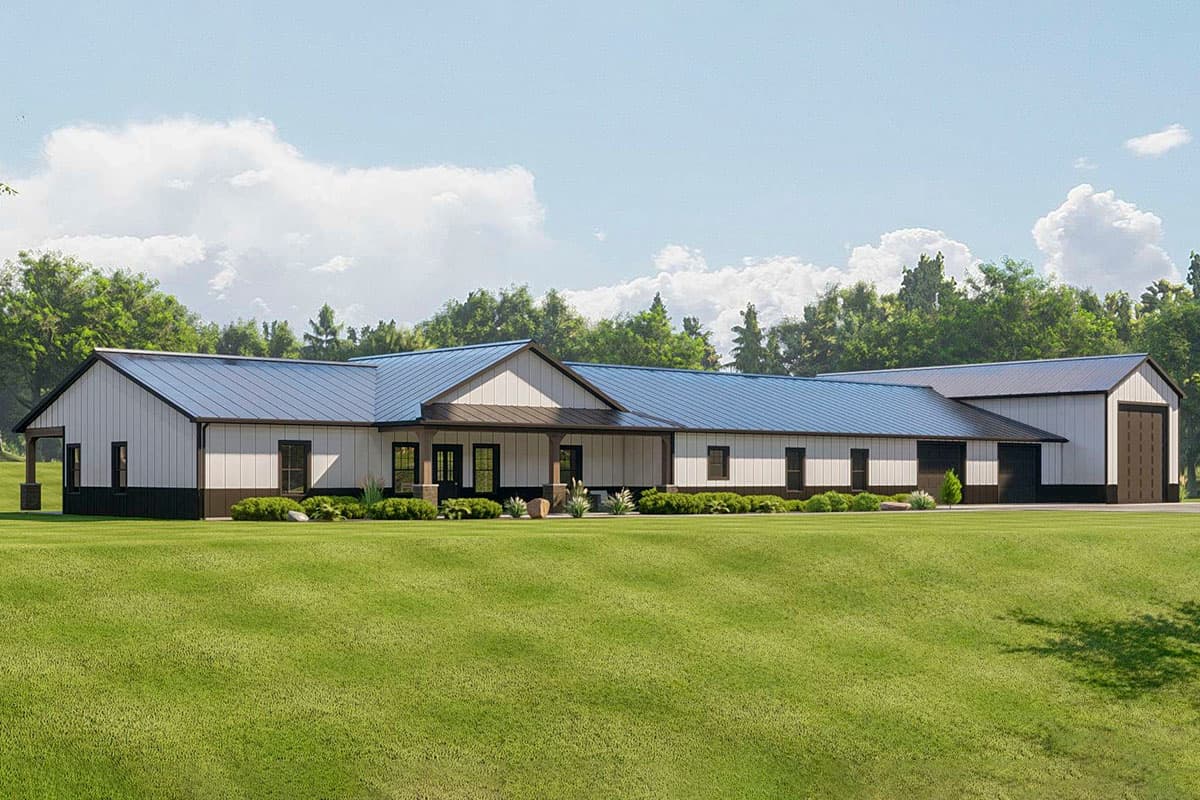 House plan exterior with metal roof, covered porch, and attached garage. The design features a single-story structure with a simple gable roofline.