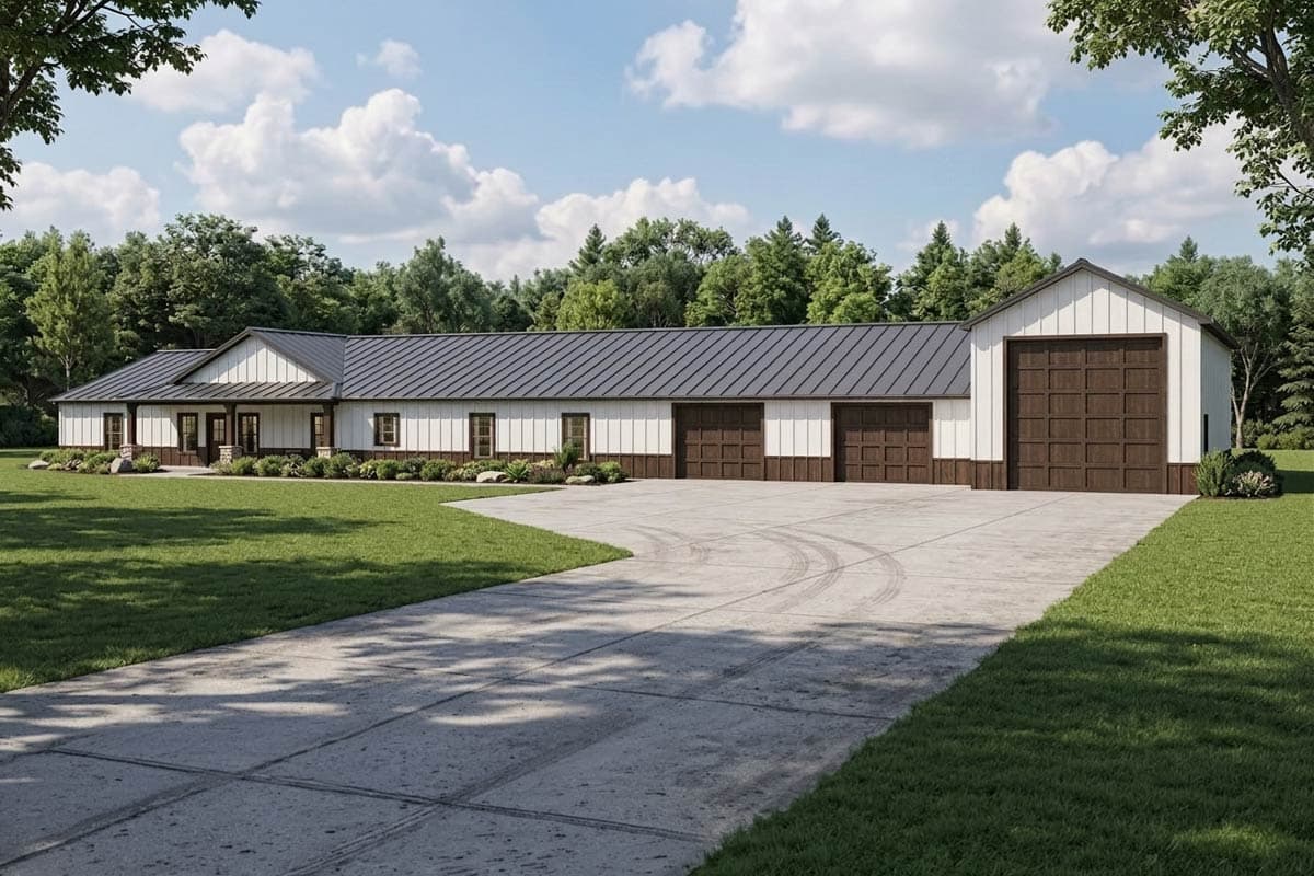 House plan exterior: Ranch style, single story, with a covered front porch, multiple garage doors, and a dark metal roof.