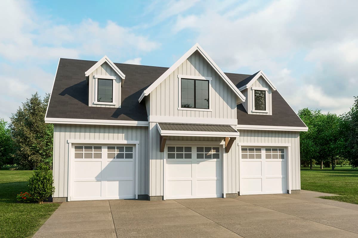 House plan exterior. Modern Farmhouse style with three-car garage, dormers, and gabled roofline. Features vertical siding and a bracketed entry.