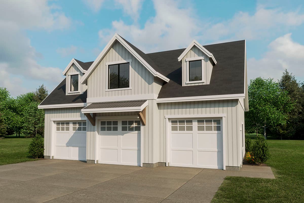 House plan exterior: Modern Farmhouse style, three-car garage, white board-and-batten siding, multiple gables, and dormer windows.