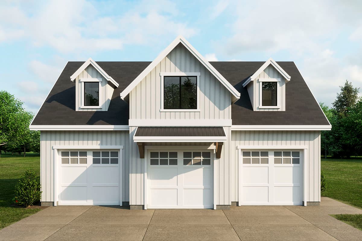 House plan exterior featuring a Modern Farmhouse style with three garage bays, gable dormers, and a central covered entry.