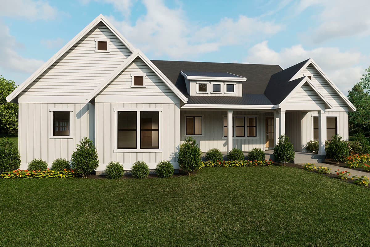 House plan exterior, modern farmhouse style, one story, with gables, dormer, and covered porch.
