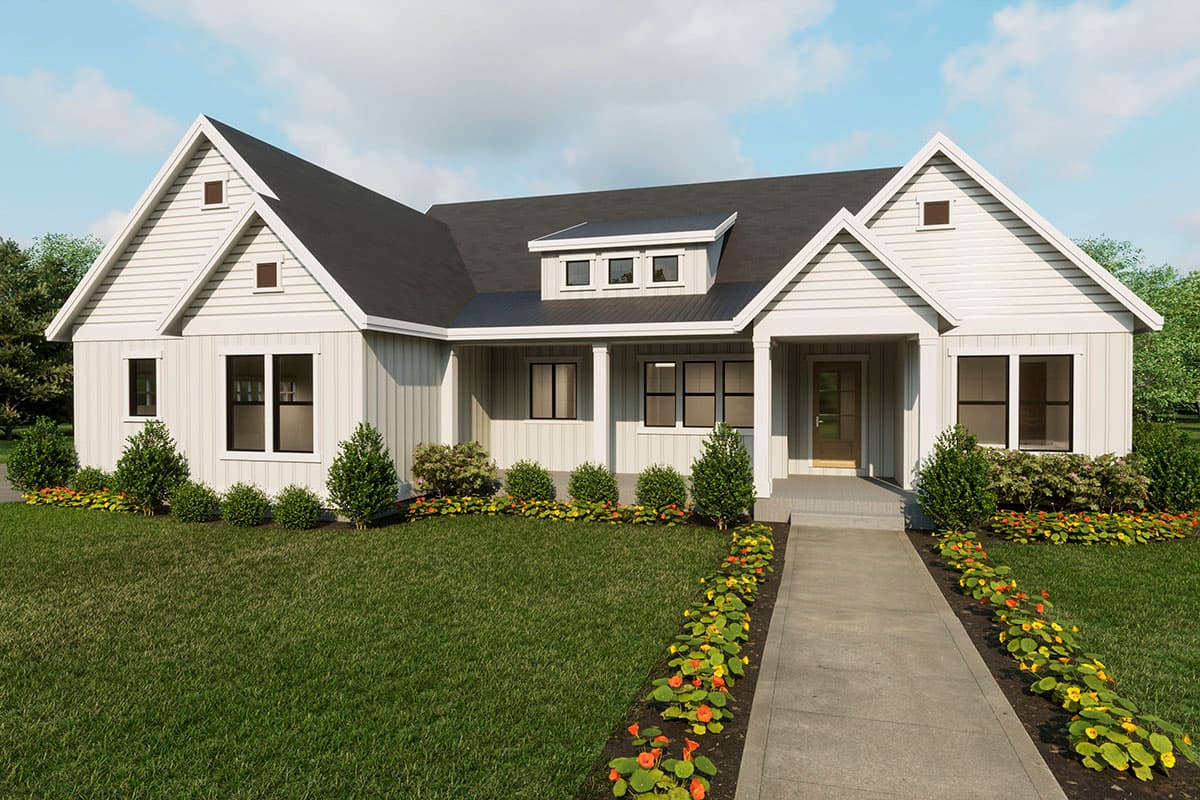 House plan exterior. Modern farmhouse style with gabled roof, dormer windows, and a covered porch. Siding, dark roof, and trim details.