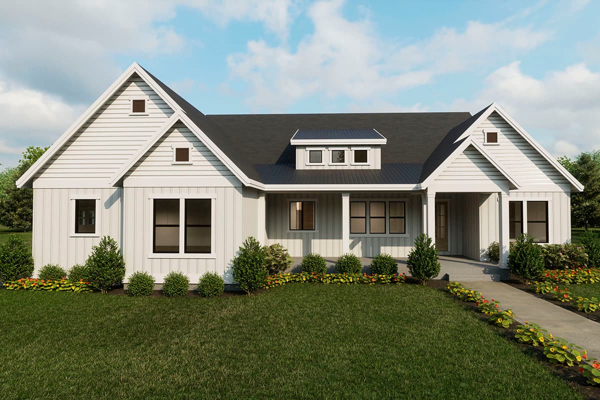 House plan exterior of a modern farmhouse with a prominent gable, dormer, and covered front porch with white columns.