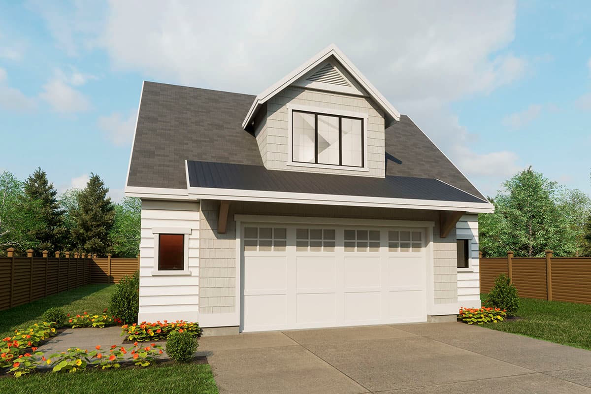 House plan exterior with two-car garage, gable roof, and dormer window. Exterior features include a light-colored siding and a covered entry.