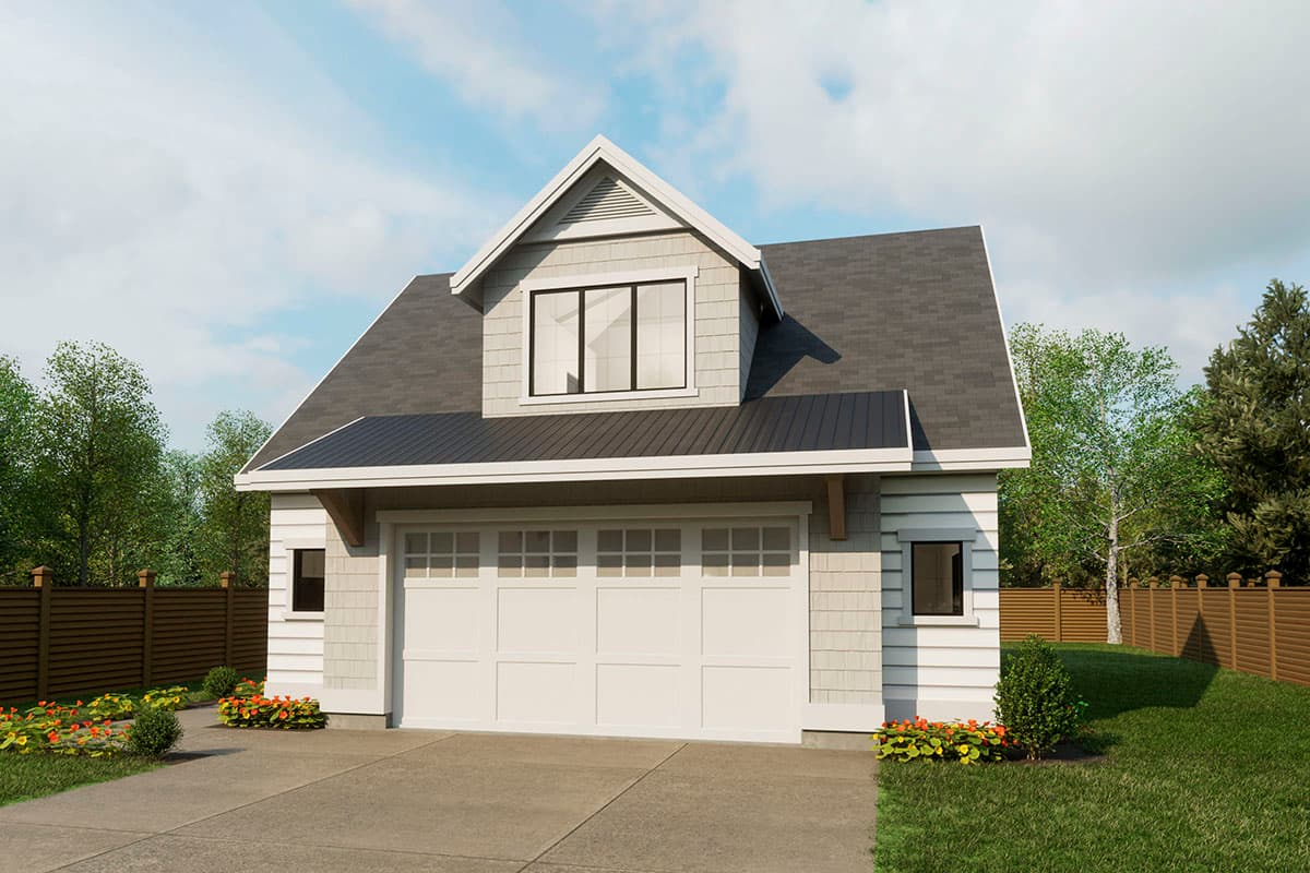 House plan exterior of a 2-story garage with a dormer, gable, and multi-pane garage door.