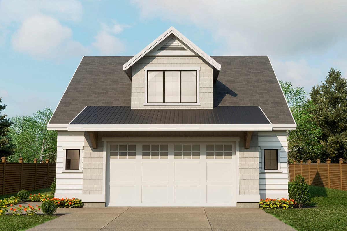House plan exterior: Garage with gable dormer and multi-pane windows. Features shingle and clapboard siding.