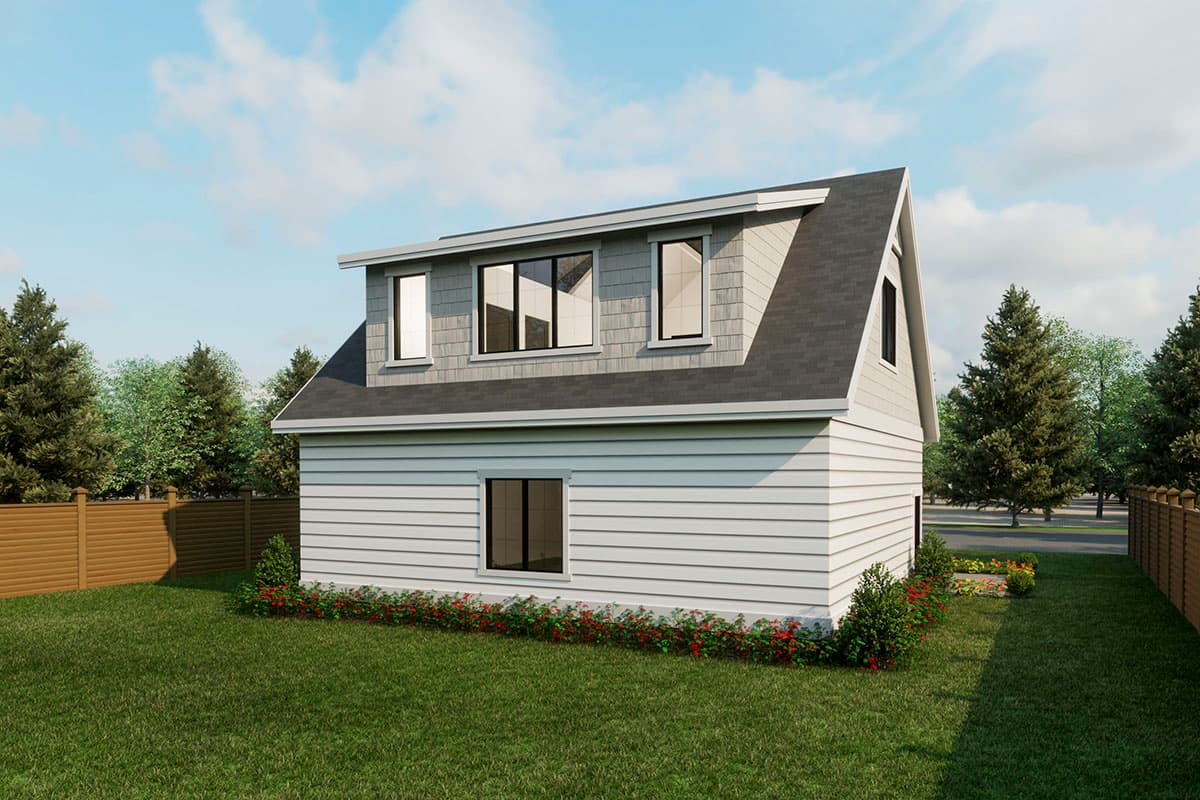 House plan exterior shows a two-story home with horizontal siding, a gambrel roof, and dormer windows on the upper level.