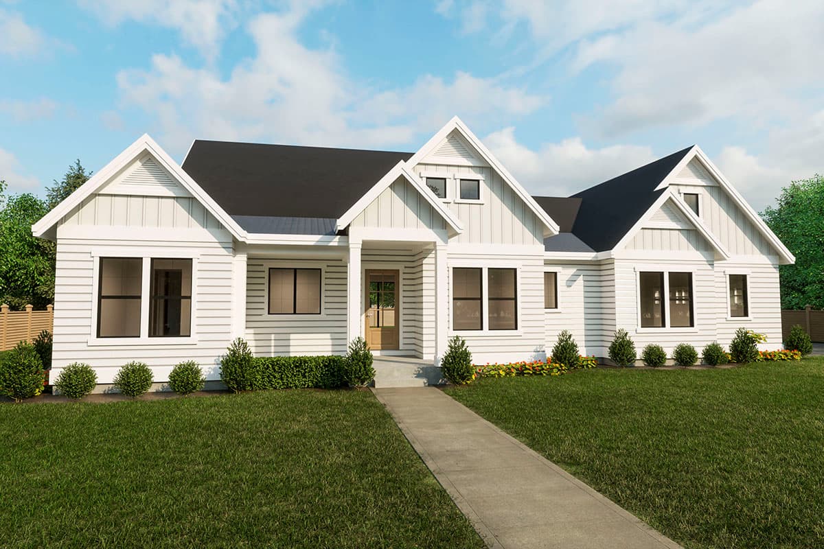 House plan exterior. Modern farmhouse style. One-story house with gables, dormers, and a covered entry. Features horizontal siding and a pathway.