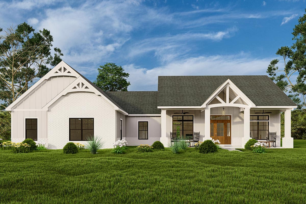 House plan exterior. Modern Farmhouse style with a single story, front porch with gable roof, decorative truss details, and brick accents.