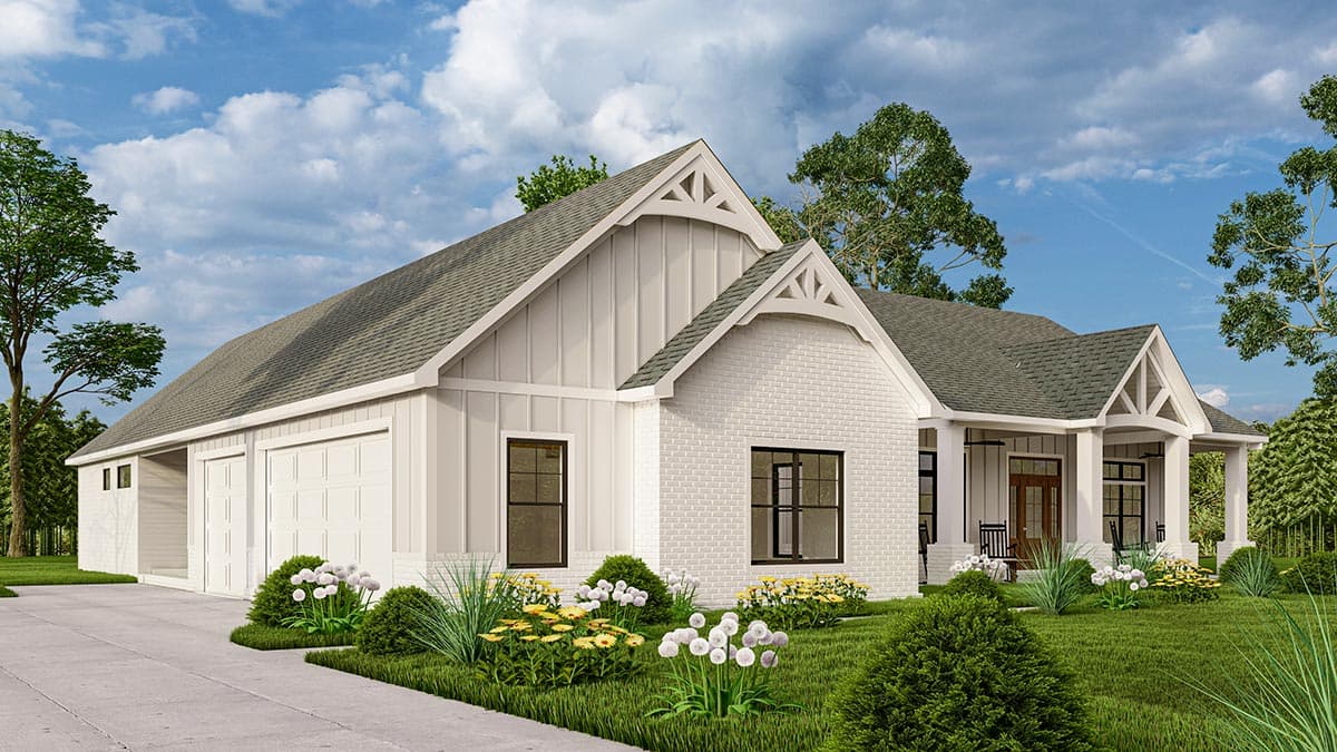Modern Farmhouse house plan exterior with white brick, board-and-batten siding, two-car garage, and covered front porch.