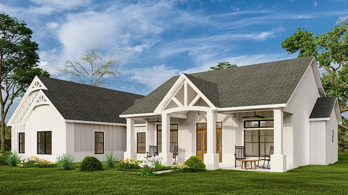 Modern Farmhouse house plan exterior with prominent gables, a wide covered porch, and mixed siding.