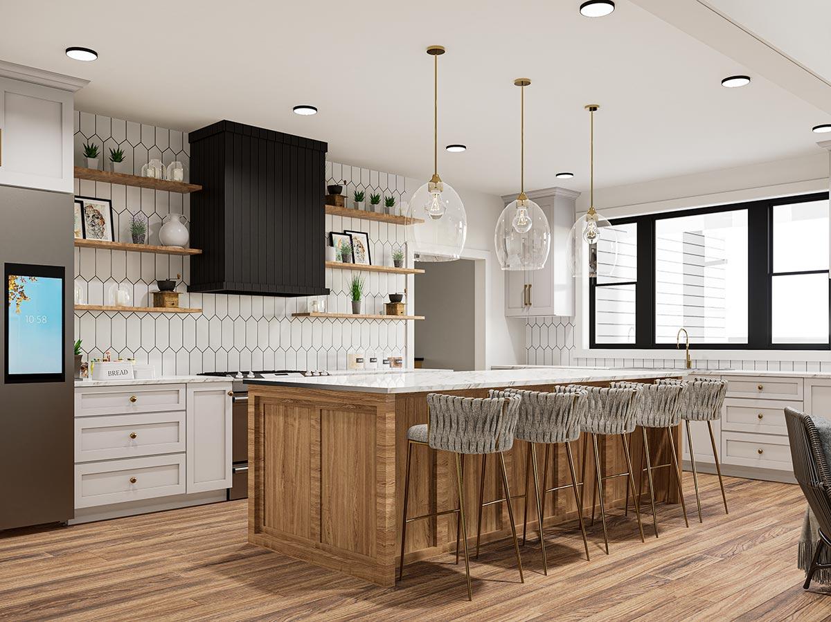 Kitchen with large island featuring bar seating, wood cabinetry, black range hood, white tile backsplash, and pendant lighting.