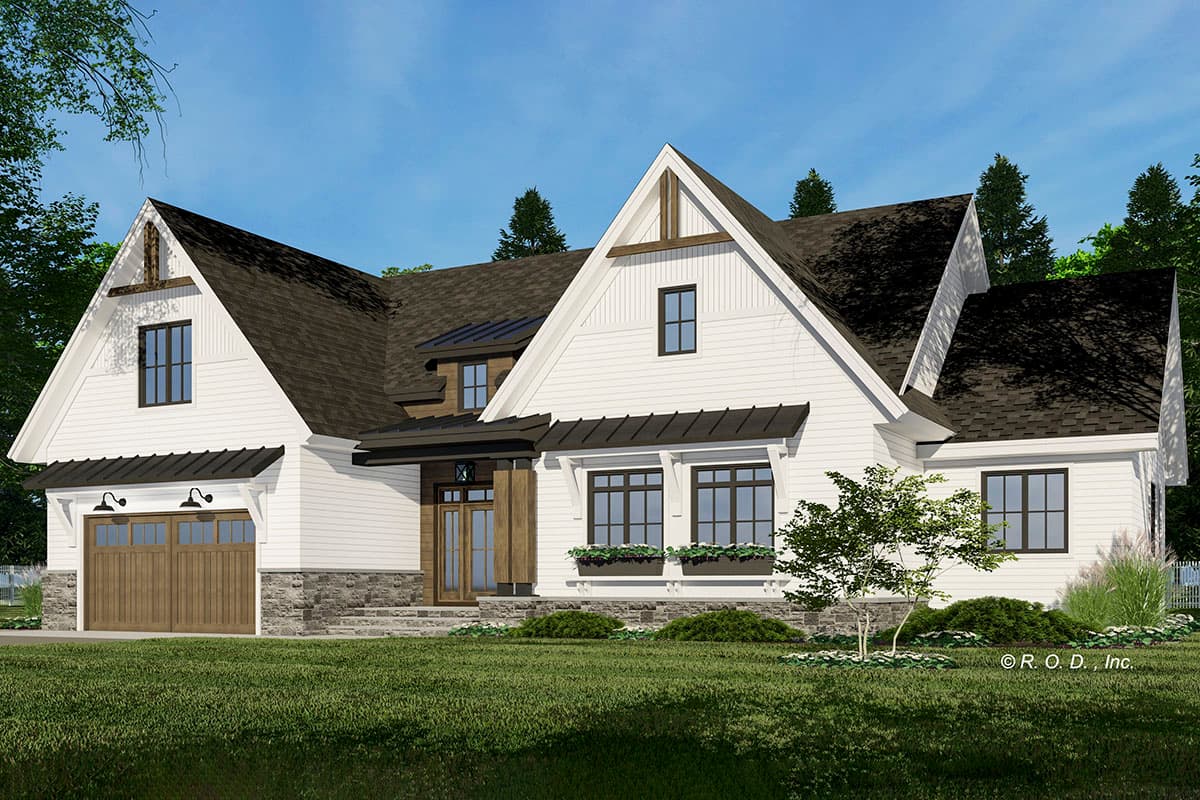 House plan exterior with prominent gables, stone foundation, board and batten siding, and a two-car garage.