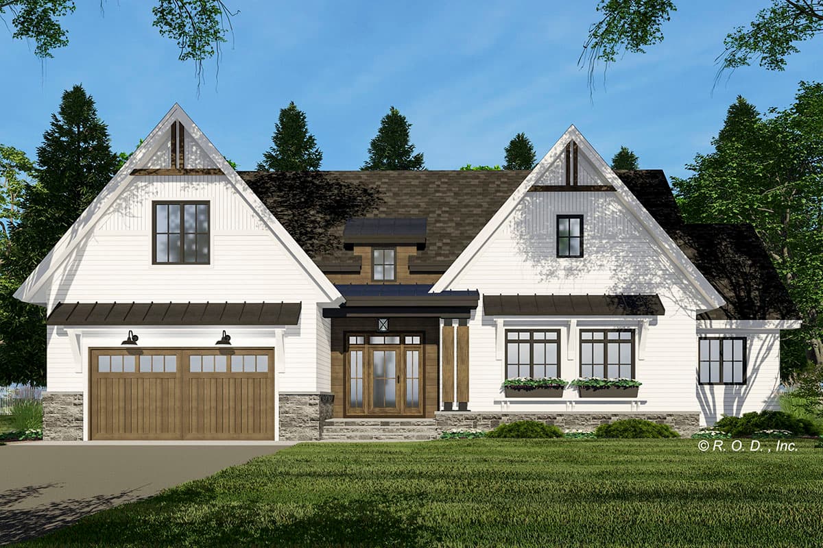 House plan exterior featuring a Modern Farmhouse style with gabled rooflines, two stories, dormers, and a two-car garage.