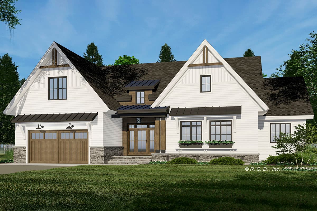 House plan exterior: Modern Farmhouse style, one-story with garage, gables, dormers, and covered entryway.