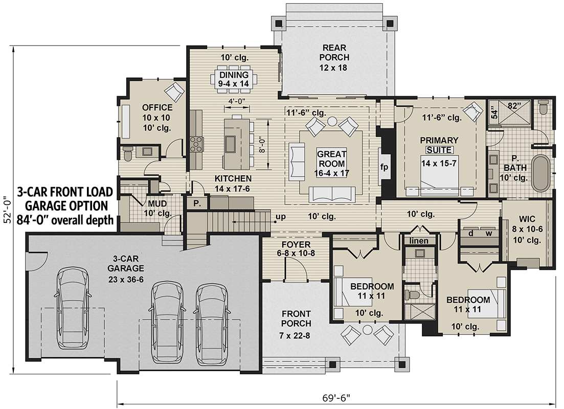 Plan 14369RK: One-Level Modern Farmhouse Plan Under 2300 Square Feet with Home Office - Floor Plan - Main Level - 3-Car Garage Option - Country, Craftsman, Farmhouse, Modern Farmhouse, New American