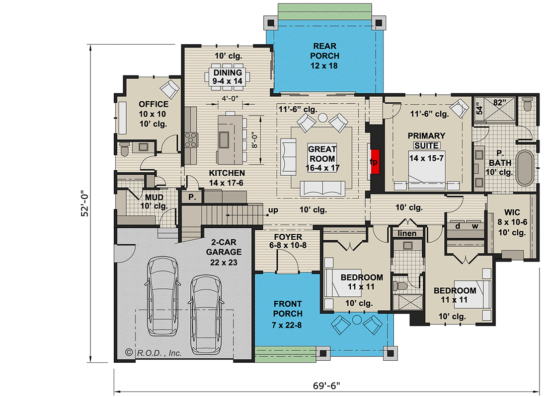 Plan 14369RK: One-Level Modern Farmhouse Plan Under 2300 Square Feet with Home Office - Floor Plan - Main Level - Country, Craftsman, Farmhouse, Modern Farmhouse, New American