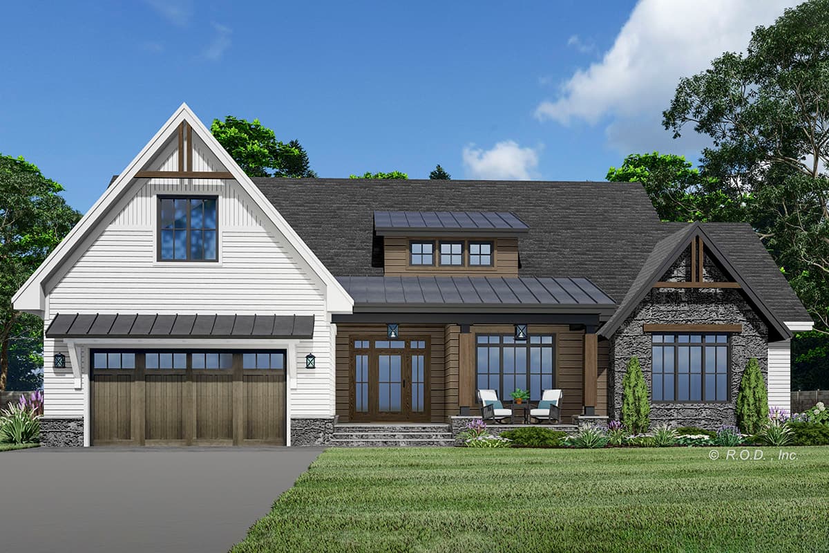 House plan exterior. Modern Farmhouse style with a two-car garage, multiple gables, and a covered porch. Features stone accents and dark roof lines.