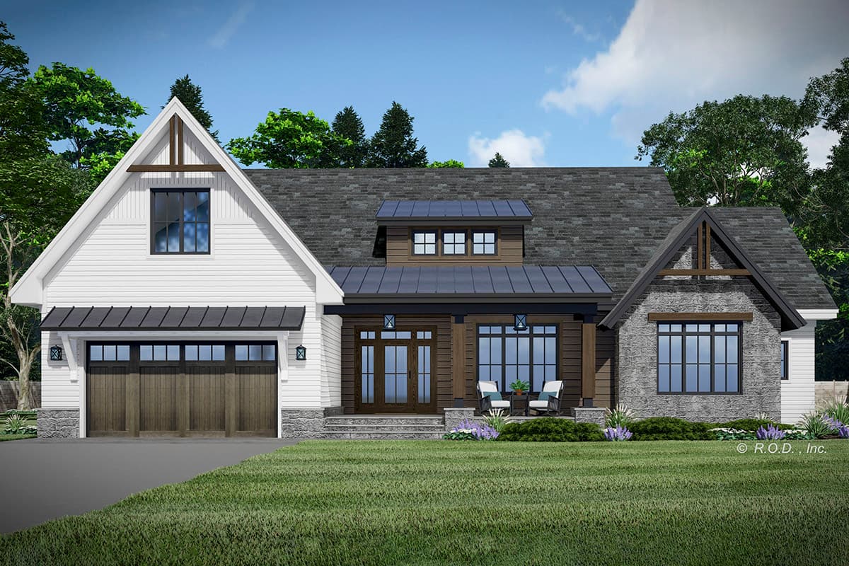 Modern Farmhouse house plan exterior with gabled dormer, stone facade accents, and a two-car garage.