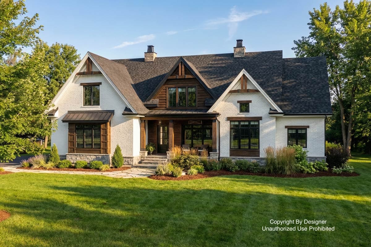 A two-story house with white brick exterior, dark wooden trim, and a welcoming porch, set on a lush green lawn on a sunny day.