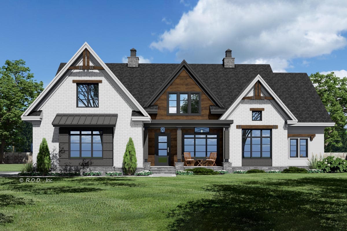 House plan exterior featuring white brick, dark gables with wood accents, multiple dormers, and a covered entry porch.