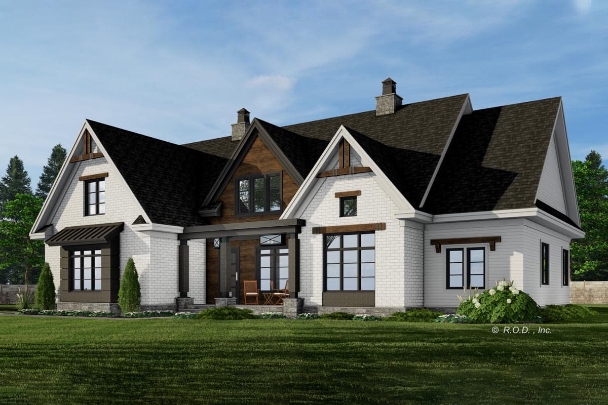 Modern Farmhouse style house plan exterior with white brick, multiple gables, dark trim, and a covered front porch.