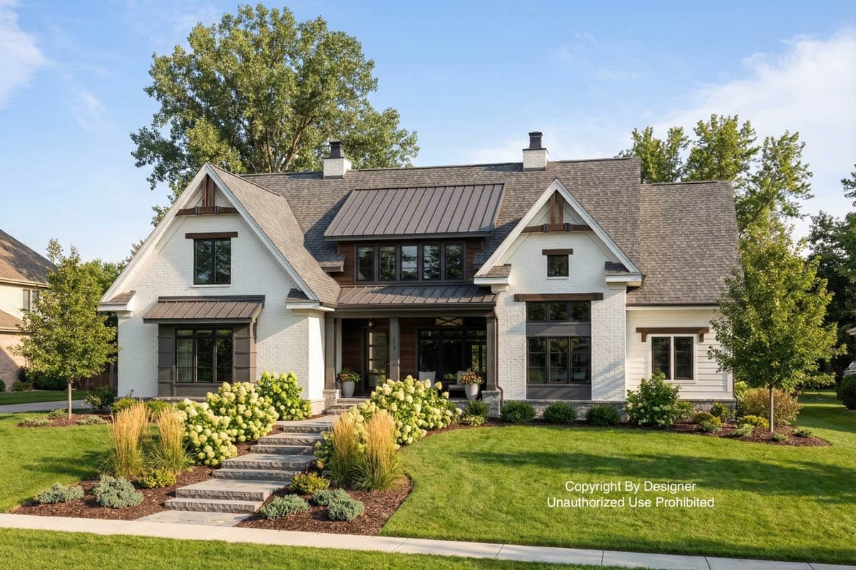 A modern, two-story house with white brick exterior, dark window frames, and a combination of grey and metal roofing, lush landscaping.