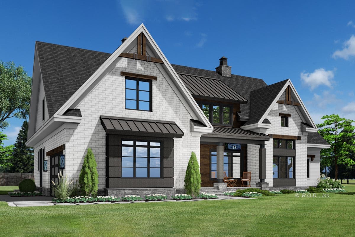 House plan exterior: Modern Farmhouse style, two stories, white brick, metal roof gables, and covered front porch.