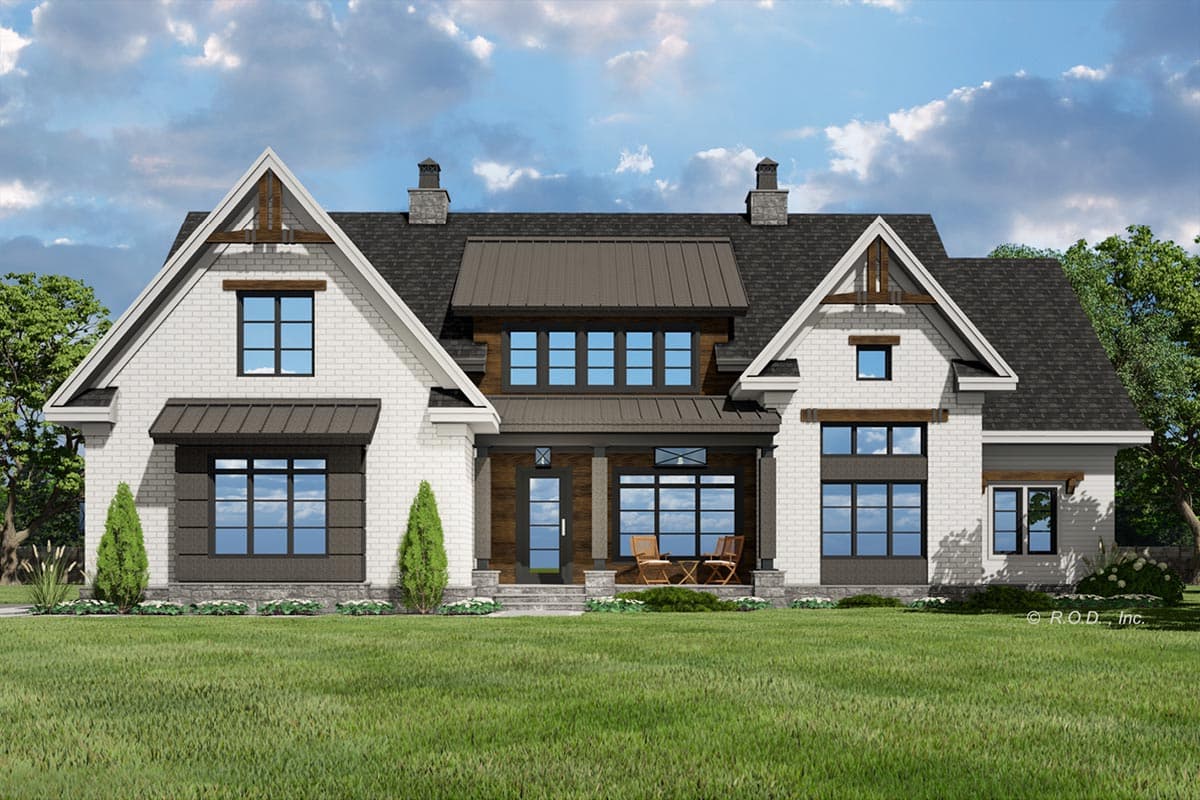 House plan exterior, Modern Farmhouse style, two stories, white brick, prominent gables, metal roof accents, and covered entry.