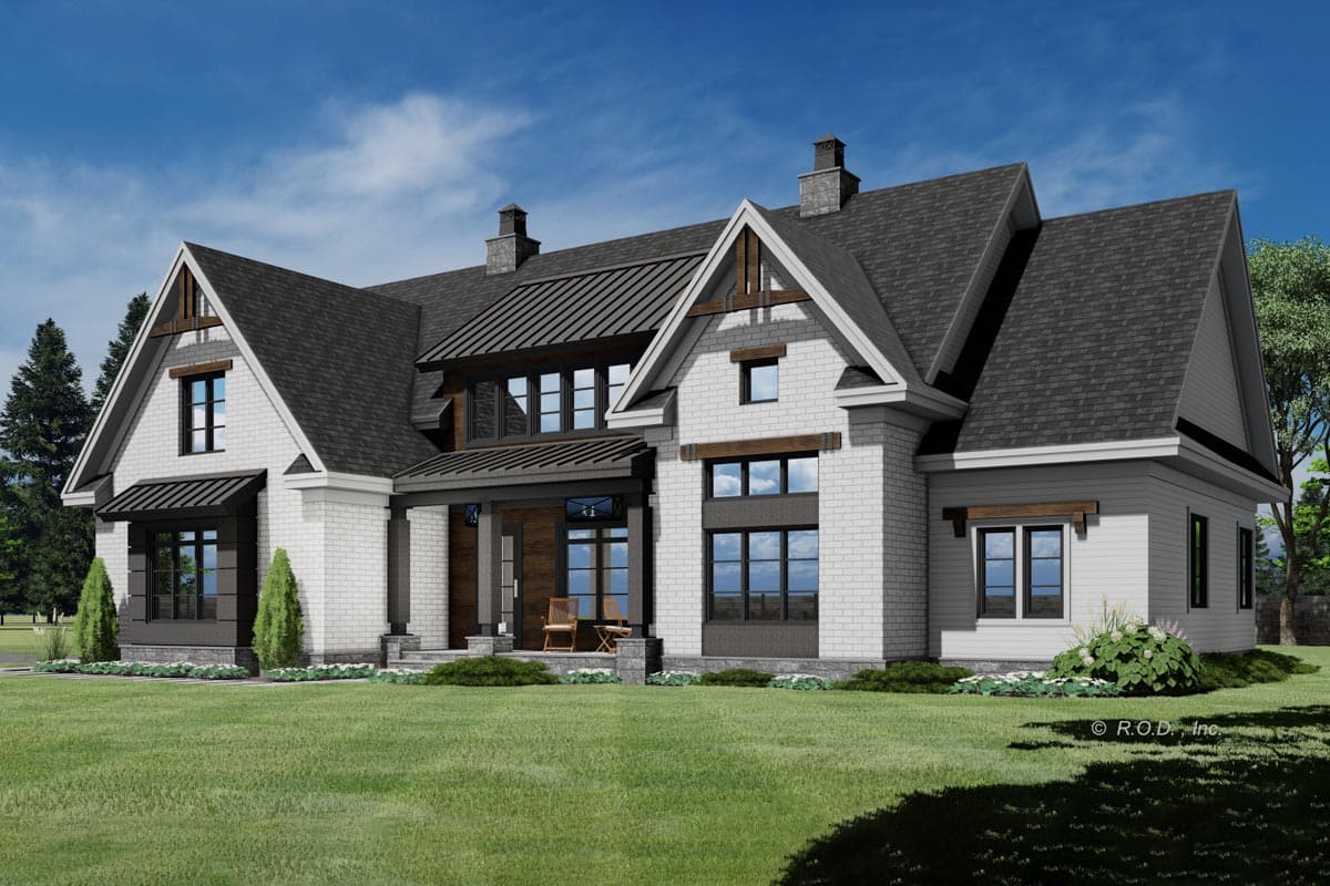 House plan exterior featuring a Modern Farmhouse style with white brick, dark windows, multiple gables, and a metal roof.
