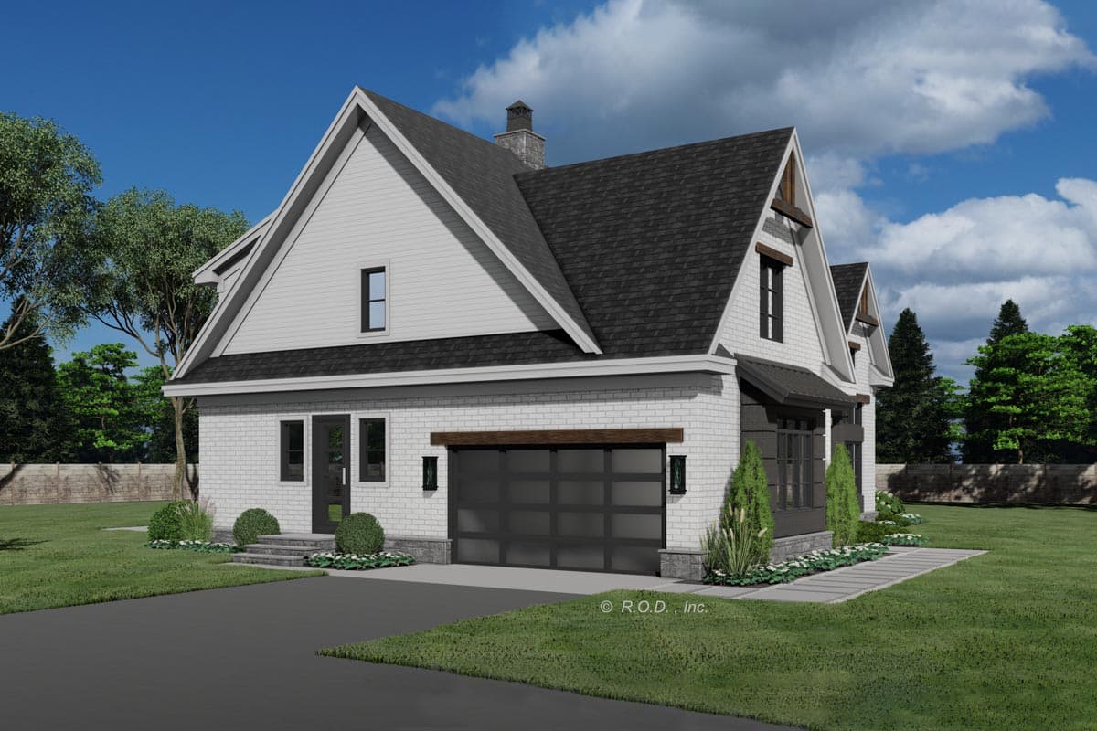 Modern farmhouse house plan exterior featuring white brick, a prominent gable roof, and a glass garage door with wood trim.
